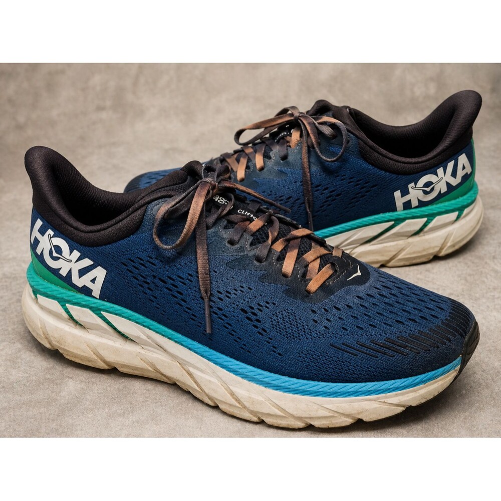 HOKA ONE ONE CLIFTON 7 MENS 12.5 BLUE GREEN RUNNING SHOES ROAD